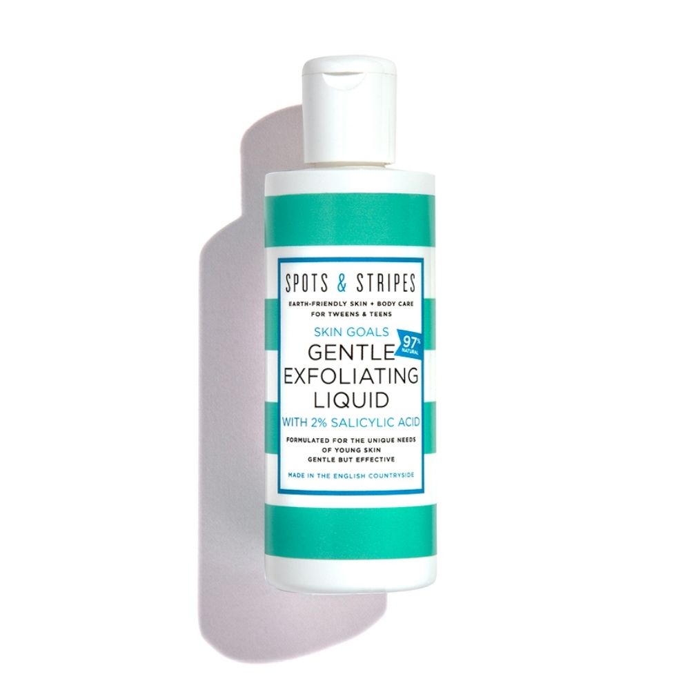 A gentle exfoliating liquid specially for teen/teenage/tween boys, by earth-friendly skincare brand Spots & Stripes.