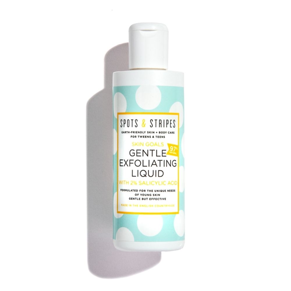 A gentle exfoliating liquid specially for teen/teenage/tween girls, by earth-friendly skincare brand Spots & Stripes.