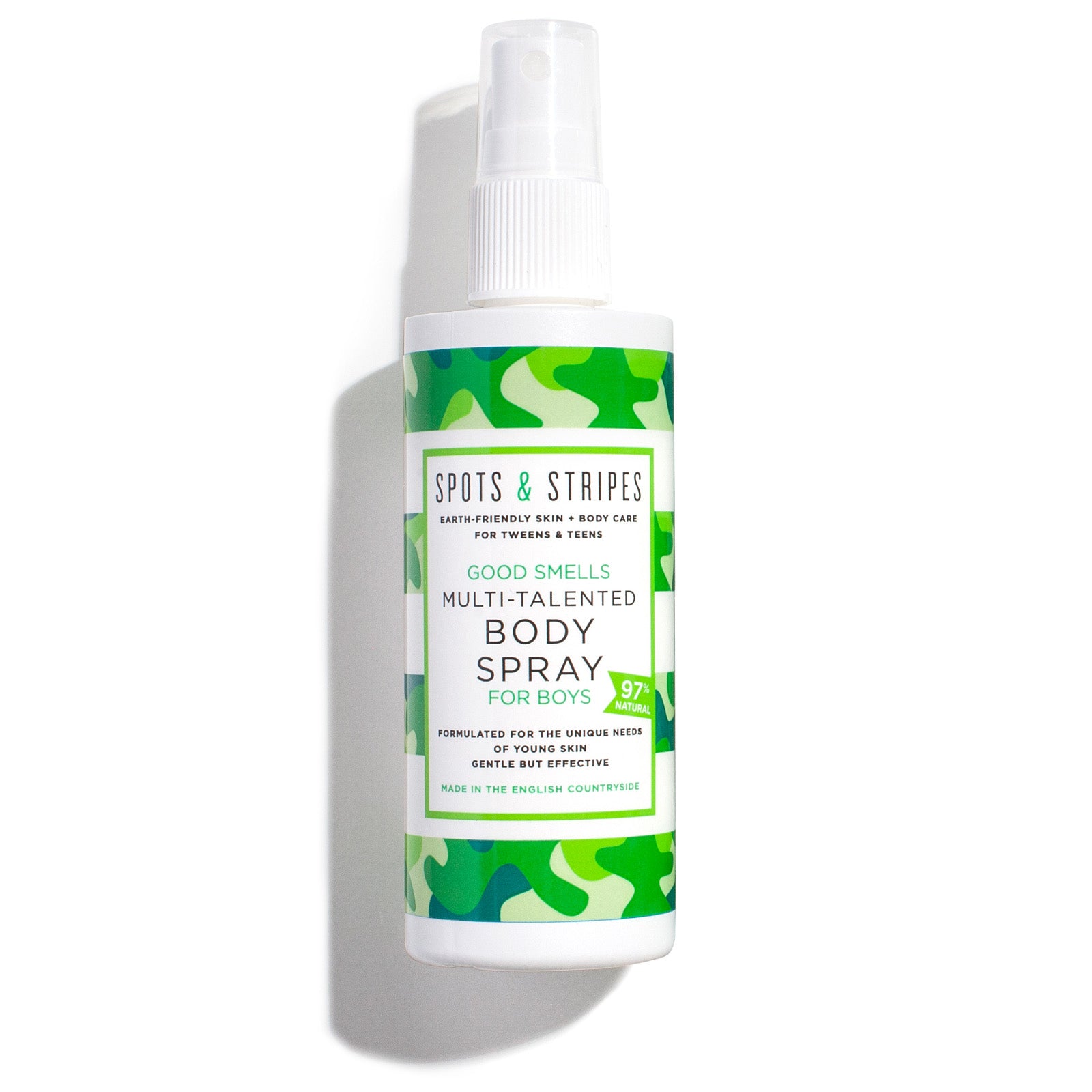 A gentle body spray specially for teen/teenage/tween boys, by earth-friendly skincare brand Spots & Stripes.